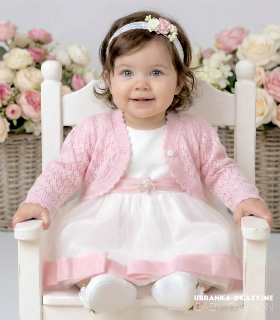 Różowe ażurowe bolerko dla dziewczynki idealne na chrzest i roczek