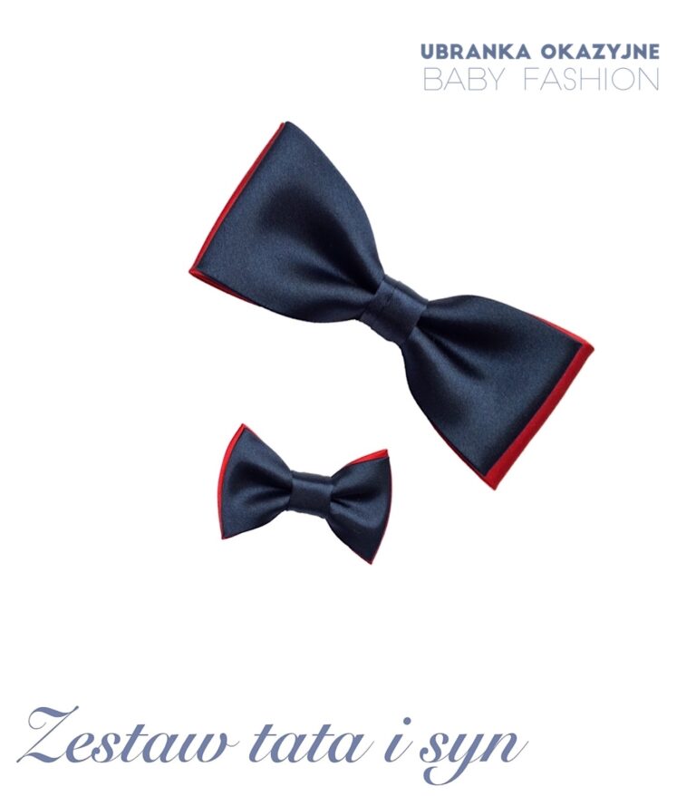 Zestaw granatowo-czerwonych much dla taty i synka - muszka duża i mała