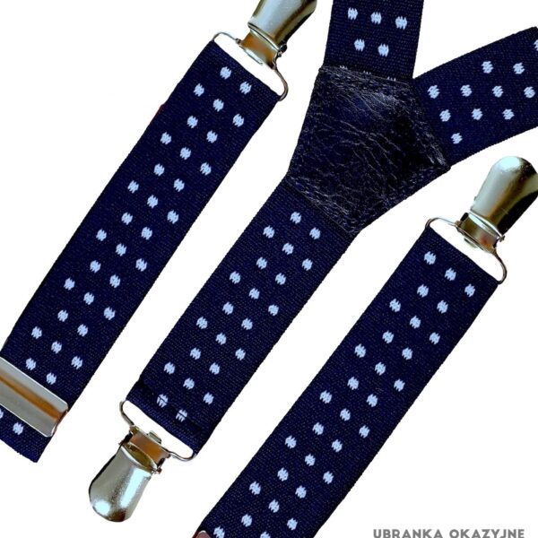 Granatowe szelki w białe kropki dla dziecka do chrztu lub na roczek.