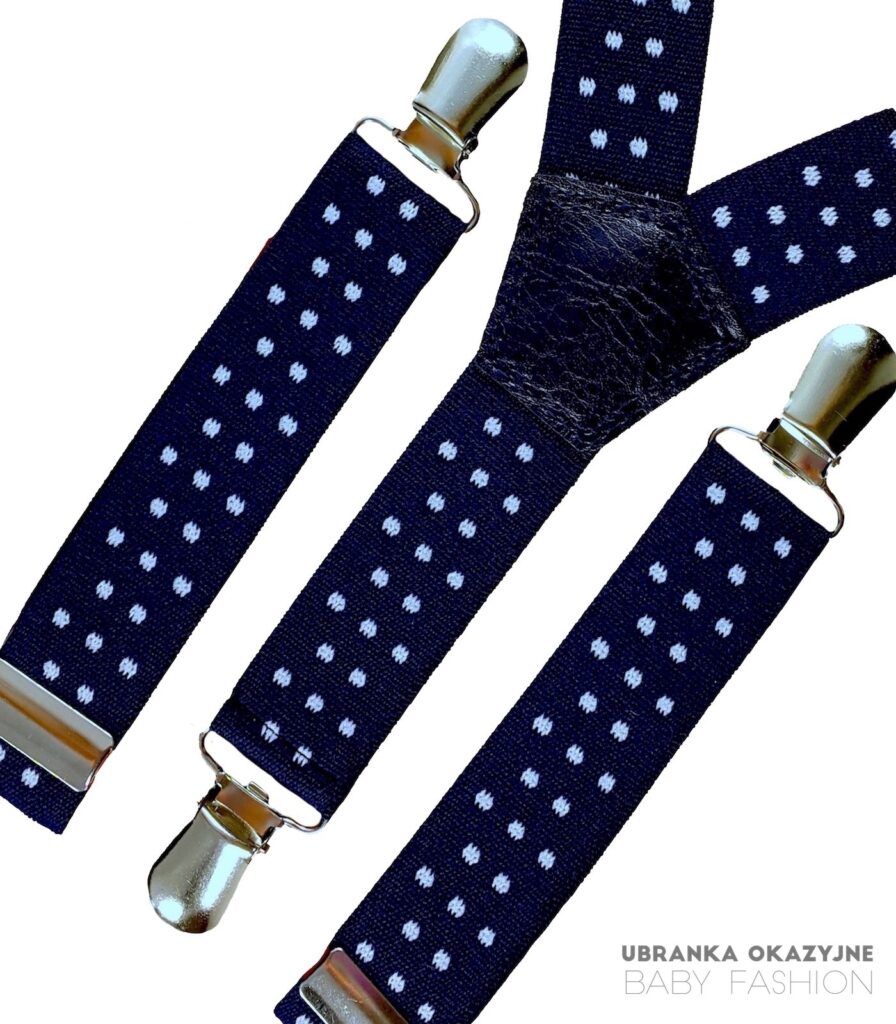 Granatowe szelki w białe kropki dla dziecka do chrztu lub na roczek.