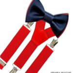 Czerwone szelki i granatowo-czerwona mucha dla dziecka do chrztu lub na roczek.