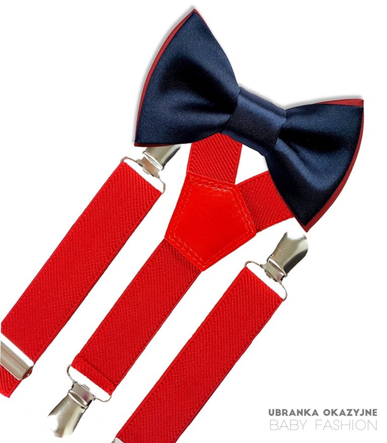 Czerwone szelki i granatowo-czerwona mucha dla dziecka do chrztu lub na roczek.