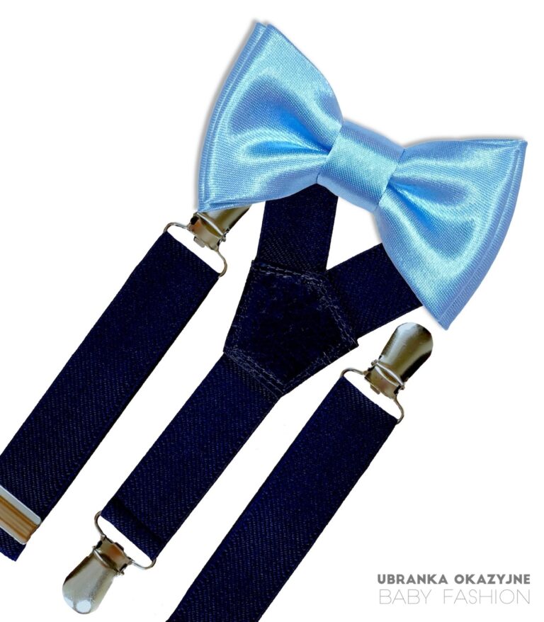 Granatowe szelki i błękitna mucha dla dziecka do chrztu lub na roczek.