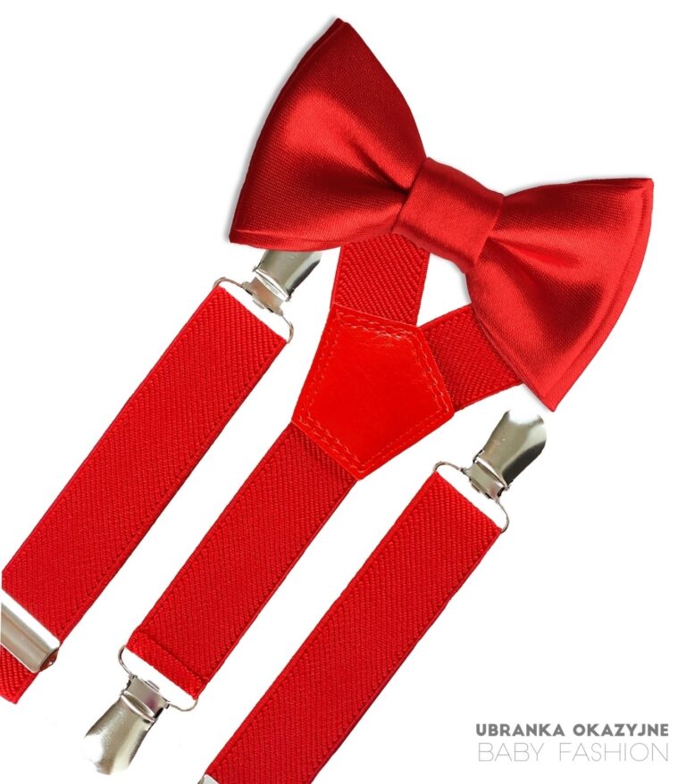 Czerwone szelki i mucha dla dziecka do chrztu lub na roczek.