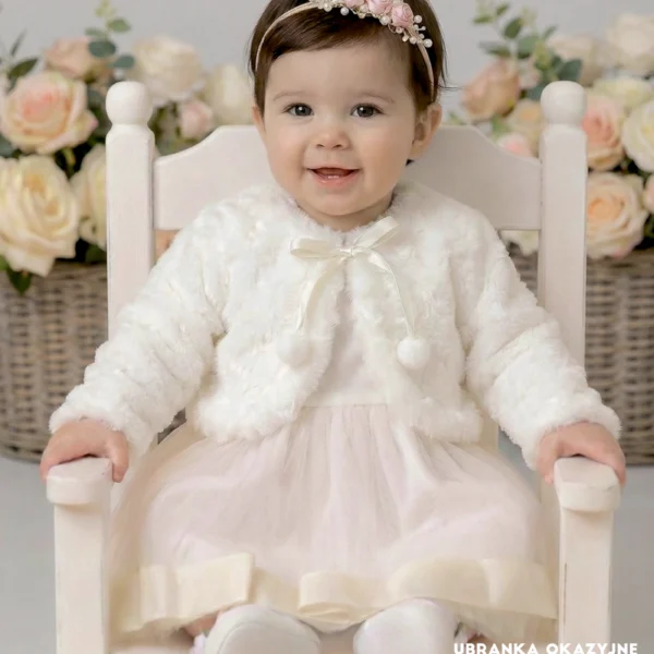 Eleganckie bolerko futerko ecru dla dziewczynki na chrzest i wesele