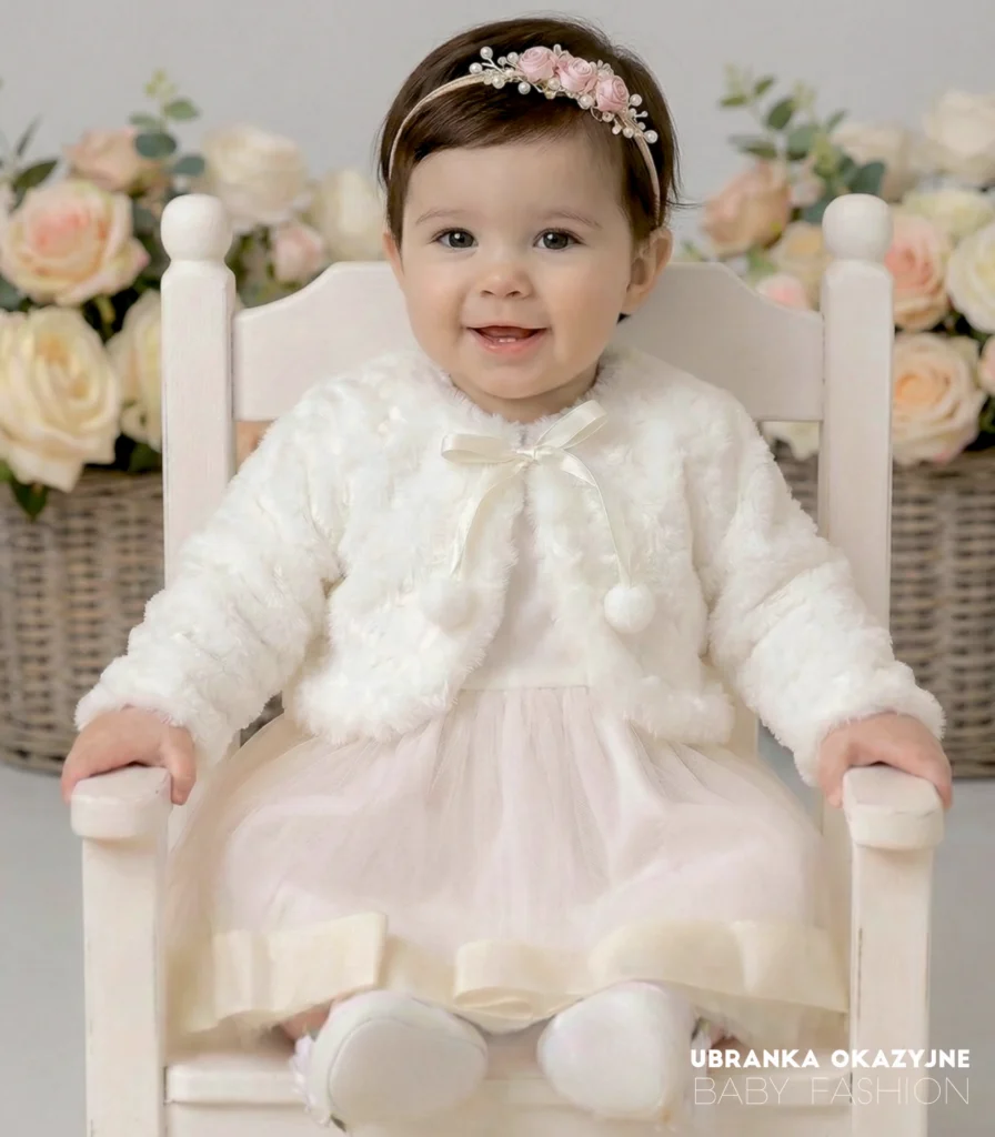 Eleganckie bolerko futerko ecru dla dziewczynki na chrzest i wesele