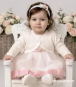 Eleganckie bolerko ecru dla dziewczynki do sukienki wizytowej - sweterek niemowlęcy na chrzest i wesele.