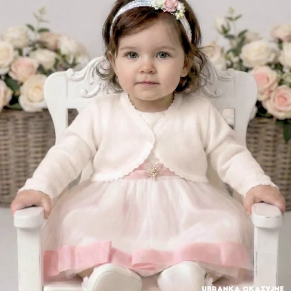 Eleganckie bolerko ecru dla dziewczynki do sukienki wizytowej - sweterek niemowlęcy na chrzest i wesele.