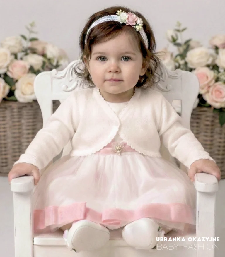 Eleganckie bolerko ecru dla dziewczynki do sukienki wizytowej - sweterek niemowlęcy na chrzest i wesele.