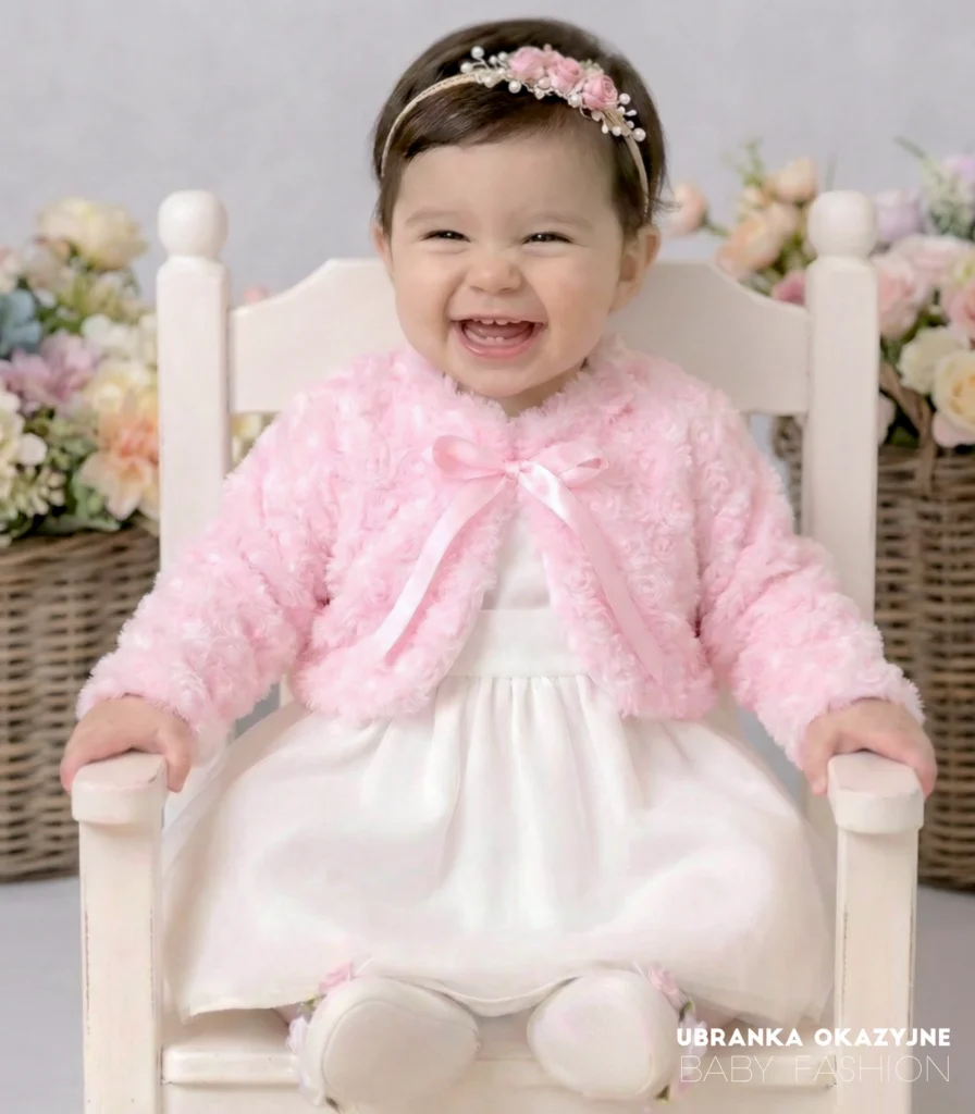 Eleganckie różowe bolerko futerko do sukienki na chrzest lub roczek dla niemowlaka
