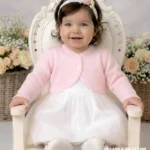 Eleganckie różowe bolerko do chrztu dla dziewczynki. Wizytowy sweterek niemowlęcy w kolorze jasnego różu, idealny na wesele i uroczystości.