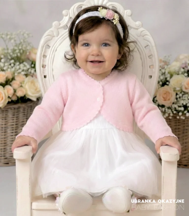 Eleganckie różowe bolerko do chrztu dla dziewczynki. Wizytowy sweterek niemowlęcy w kolorze jasnego różu, idealny na wesele i uroczystości.