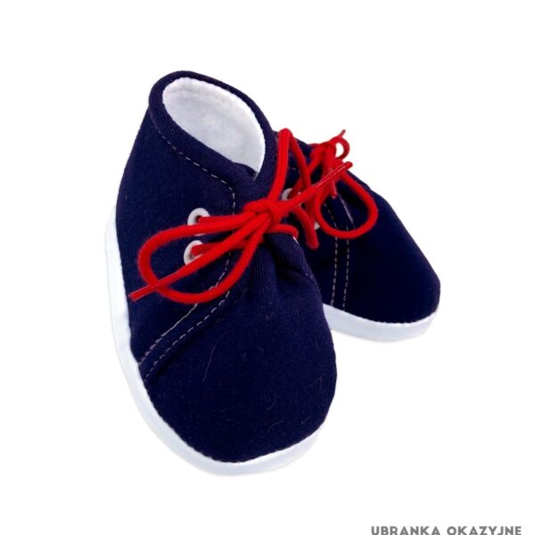 Granatowe bawełniane buciki niemowlęce z czerwonymi sznurówkami
