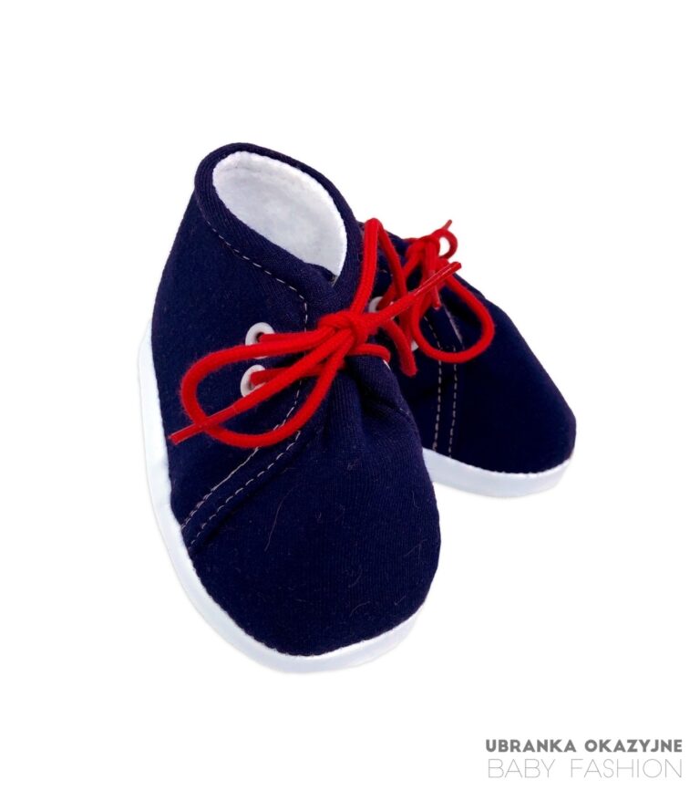 Granatowe bawełniane buciki niemowlęce z czerwonymi sznurówkami