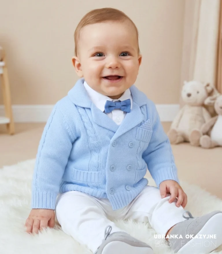Wizytowy sweterek do chrztu dla chłopca w kolorze błękitnym