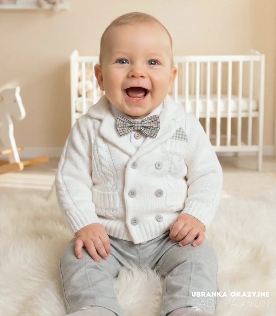 Elegancki biały dzianinowy sweterek dwurzędowy do chrztu dla małego dziecka.