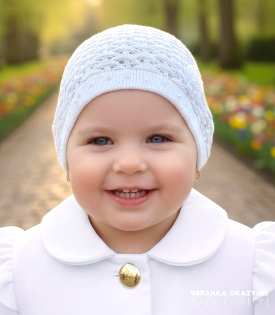 Biała ażurowa czapka do chrztu dla dziewczynki - eleganckie nakrycie głowy dla niemowlaka 0-8 miesięcy