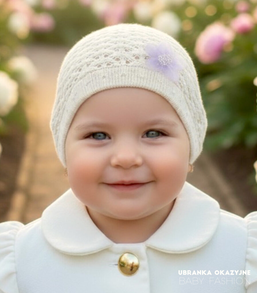 Elegancka czapka do chrztu dla dziewczynki ecru, wzór ażurowy, rozmiar 0-8 miesięcy