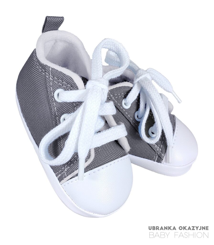 Szare trampki niemowlęce z białym noskiem i sznurówkami - wiązane niechodki