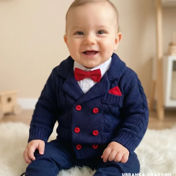 Elegancki granatowy sweterek dla niemowlaka stylizowany na marynarkę z czerwonymi guzikami
