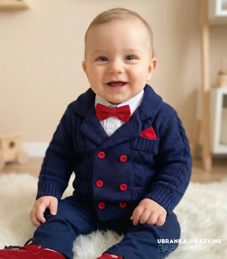 Elegancki granatowy sweterek dla niemowlaka stylizowany na marynarkę z czerwonymi guzikami