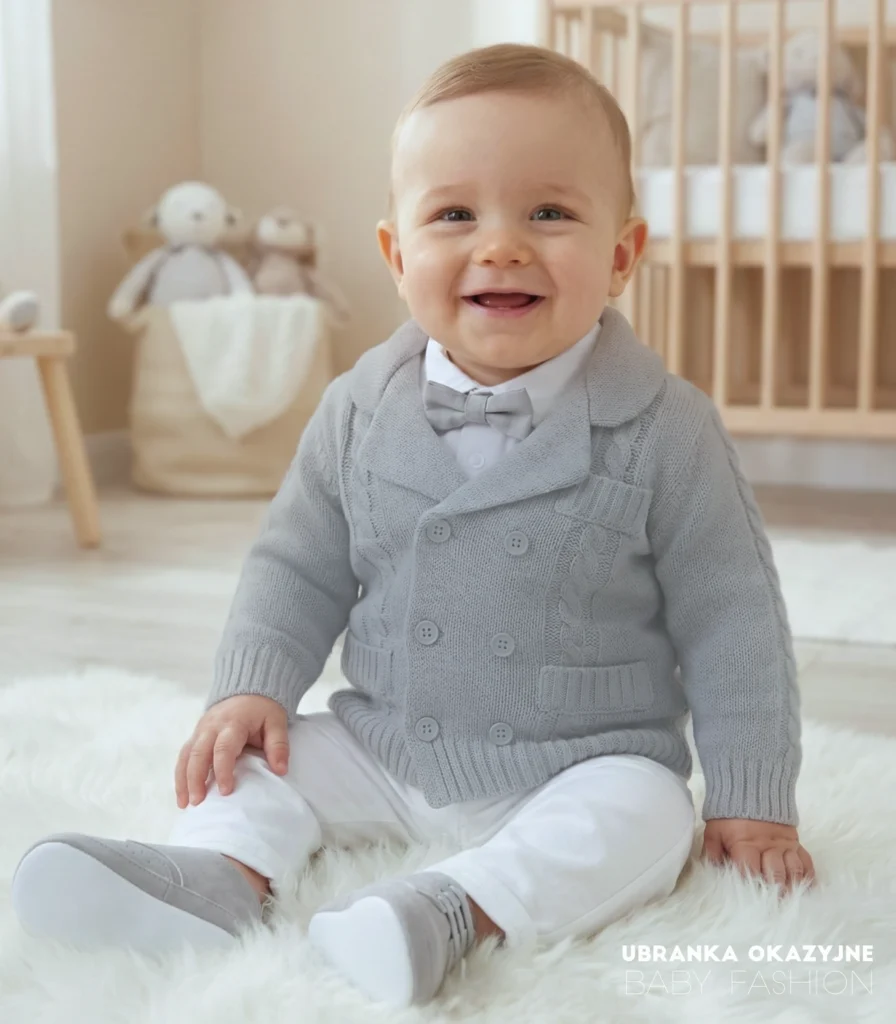 Elegancki szary sweterek dla niemowlaka stylizowany na dwurzędową marynarkę, idealny na chrzest i uroczystości.