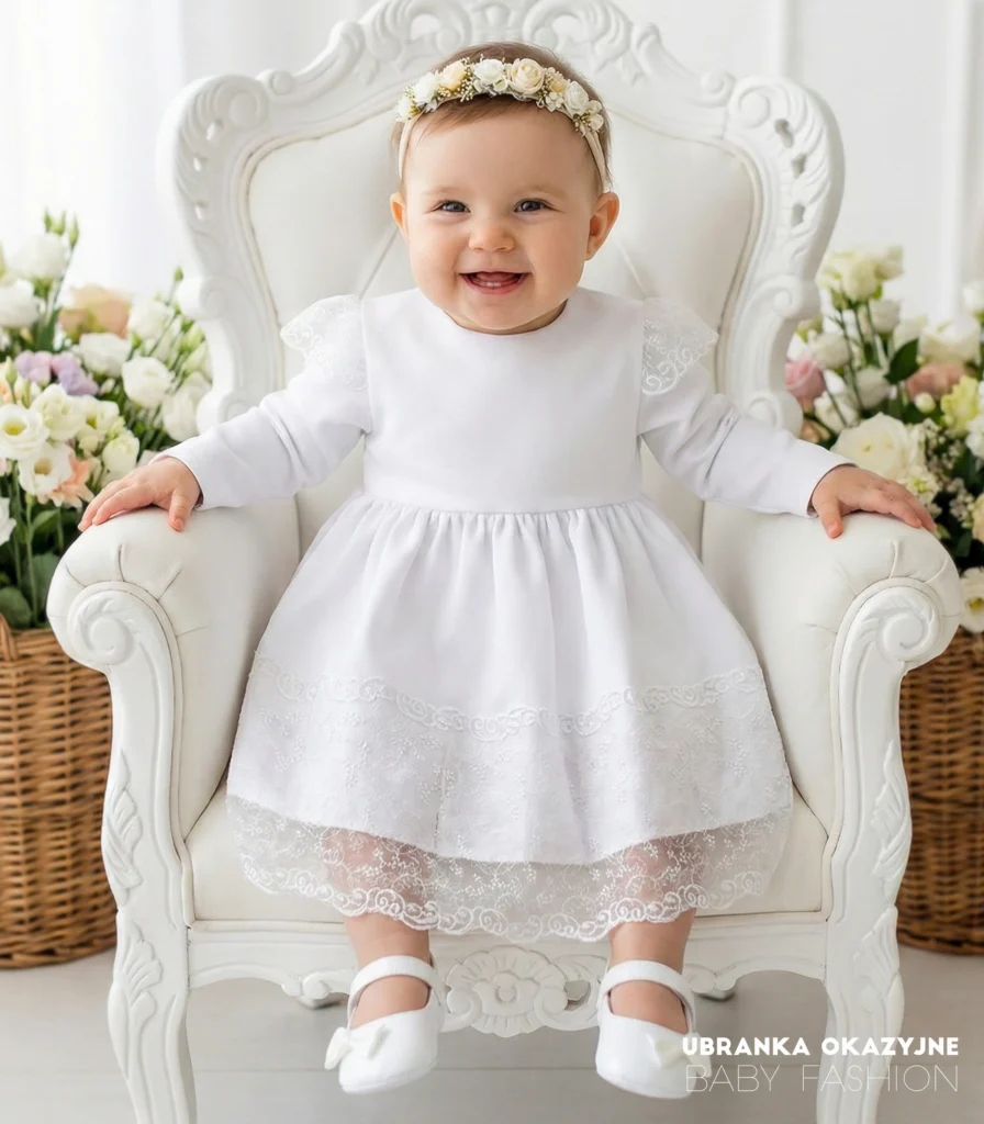 Elegancka biała sukienka do chrztu dla dziewczynki z długim rękawem i koronkowym dołem.
