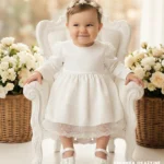 Elegancka sukienka do chrztu dla dziewczynki w kolorze ecru z długim rękawem i koronkowym wykończeniem.