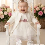 Elegancki płaszczyk do chrztu dla dziewczynki ecru z materiału bukle - ciepłe okrycie wierzchnie do sukienki
