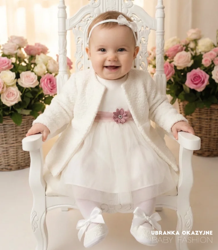 Elegancki płaszczyk do chrztu dla dziewczynki ecru z materiału bukle - ciepłe okrycie wierzchnie do sukienki