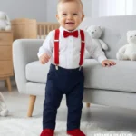 Elegancki komplet niemowlęcy na chrzest: biała koszula, granatowe spodnie, czerwone szelki i mucha.