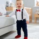 Eleganckie ubranko do chrztu dla chłopca: granatowe spodnie, biała koszula i czerwona mucha.