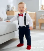 Eleganckie ubranko do chrztu dla chłopca: granatowe spodnie, biała koszula i czerwona mucha.