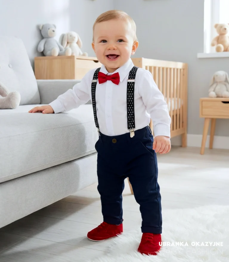 Eleganckie ubranko do chrztu dla chłopca: granatowe spodnie, biała koszula i czerwona mucha.