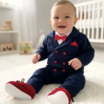 Komplet wizytowy dla małego dziecka: granatowe spodnie, sweterek dwurzędowy i czerwone dodatki.