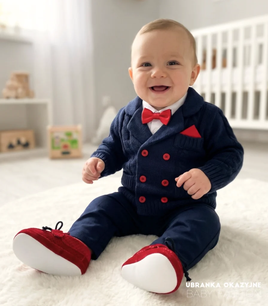 Komplet wizytowy dla małego dziecka: granatowe spodnie, sweterek dwurzędowy i czerwone dodatki.