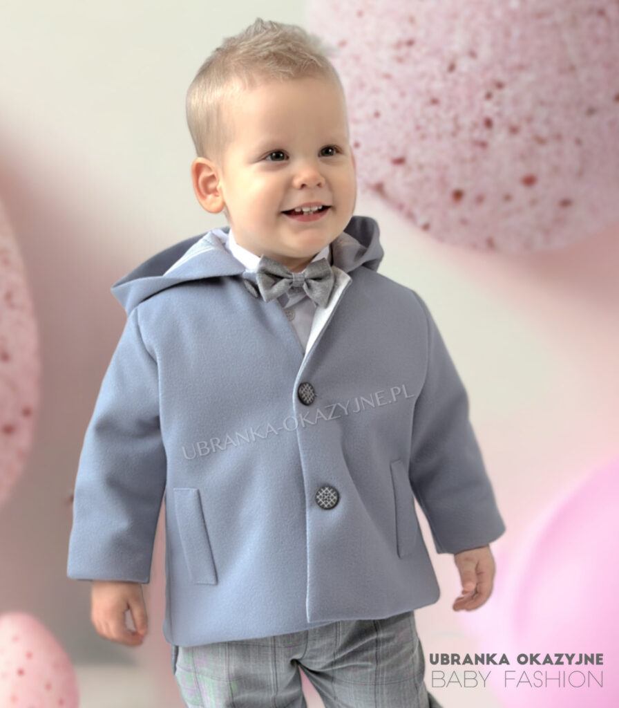 Elegancki szary płaszczyk do chrztu, wizytowa kurtka niemowlęca zapinana na guziki.
