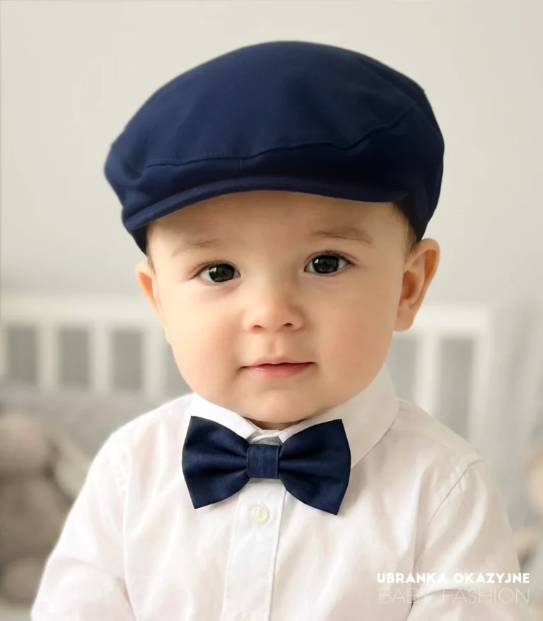 Elegancki granatowy kaszkiet niemowlęcy idealny do chrztu lub na wesele.