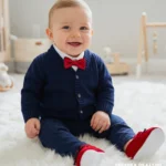 Eleganckie ubranko do chrztu dla chłopca: granatowy sweterek, biała koszula i czerwona mucha.