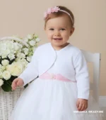 Eleganckie bolerko niemowlęce na chrzest lub roczek, kolor biały, długi rękaw.