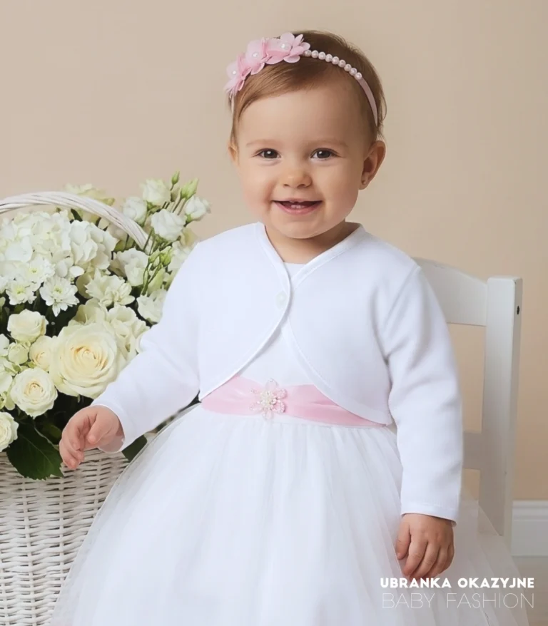 Eleganckie bolerko niemowlęce na chrzest lub roczek, kolor biały, długi rękaw.