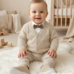 Elegancki beżowy sweterek do chrztu dla chłopca, zapinany na guziki.