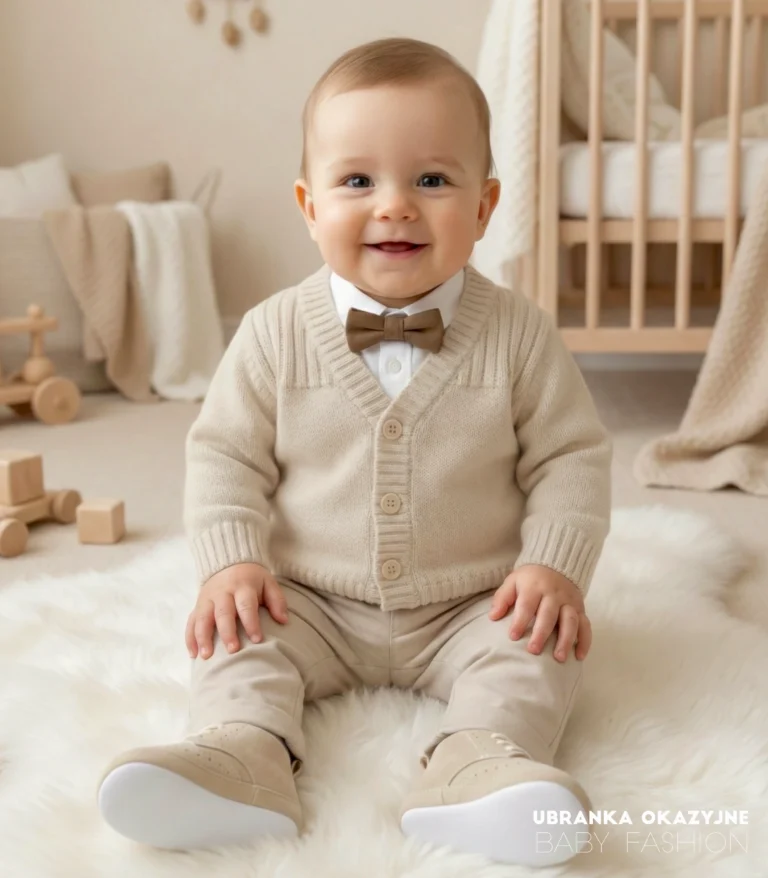 Elegancki beżowy sweterek do chrztu dla chłopca, zapinany na guziki.
