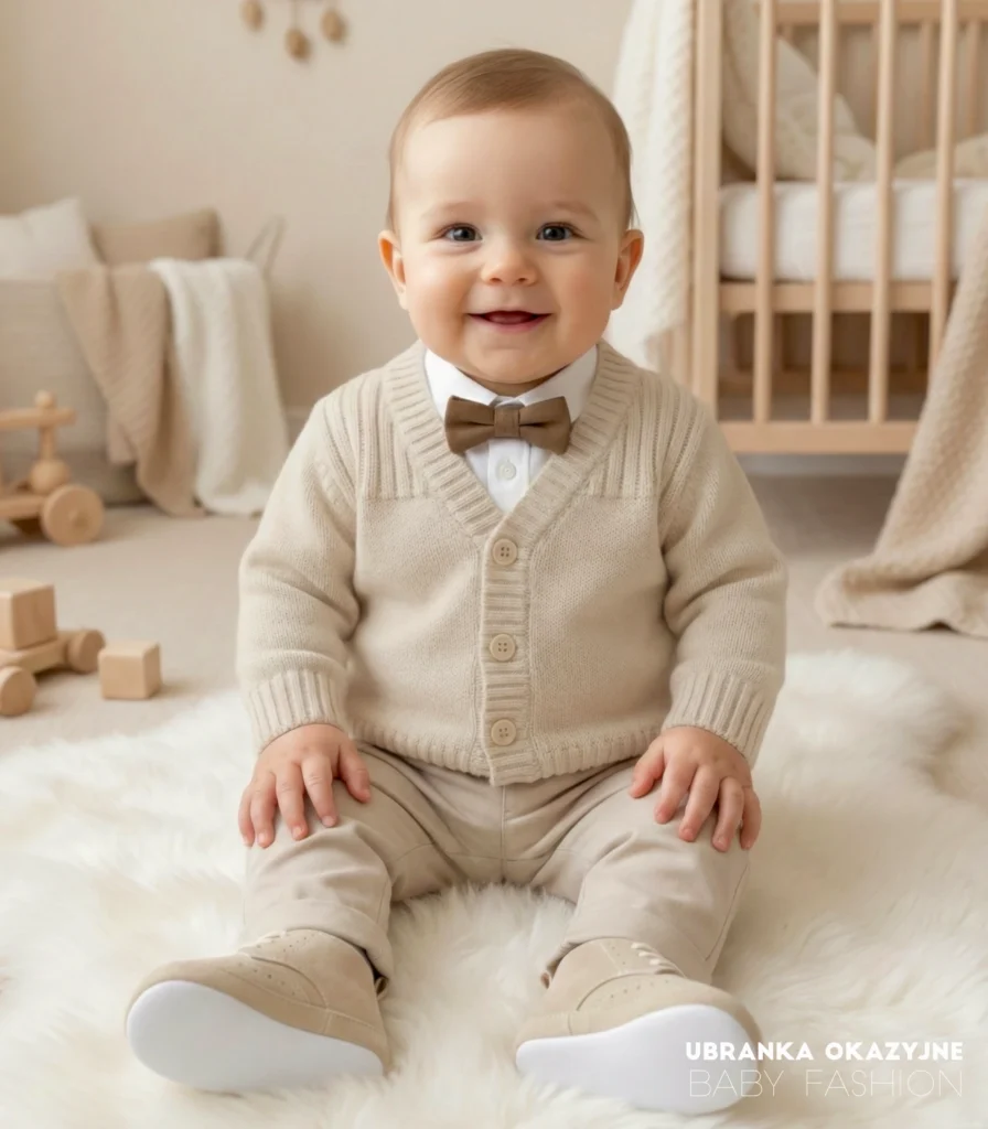 Elegancki beżowy sweterek do chrztu dla chłopca, zapinany na guziki.