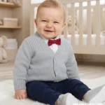 Szary gładki sweterek dla chłopca zapinany na guziki - elegancka stylizacja niemowlęca.