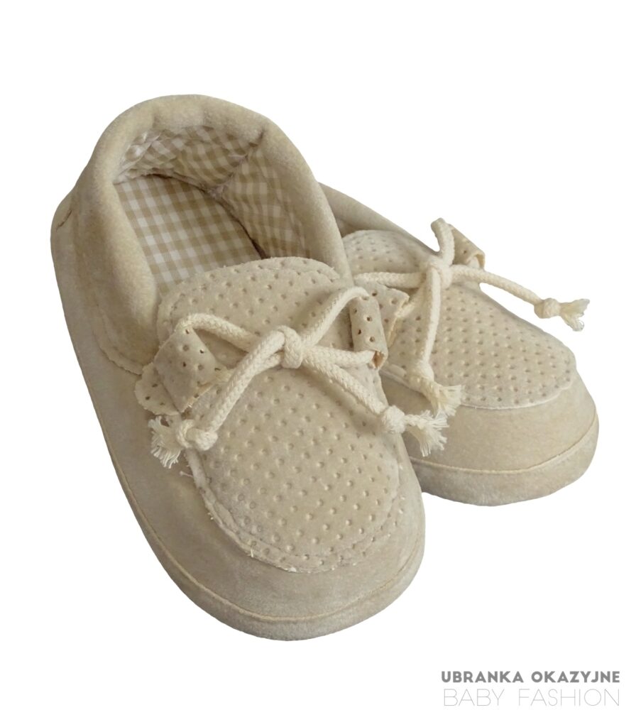 Beżowe mokasyny niemowlęce z kokardką i wnętrzem w kratkę - zamszowe niechodki