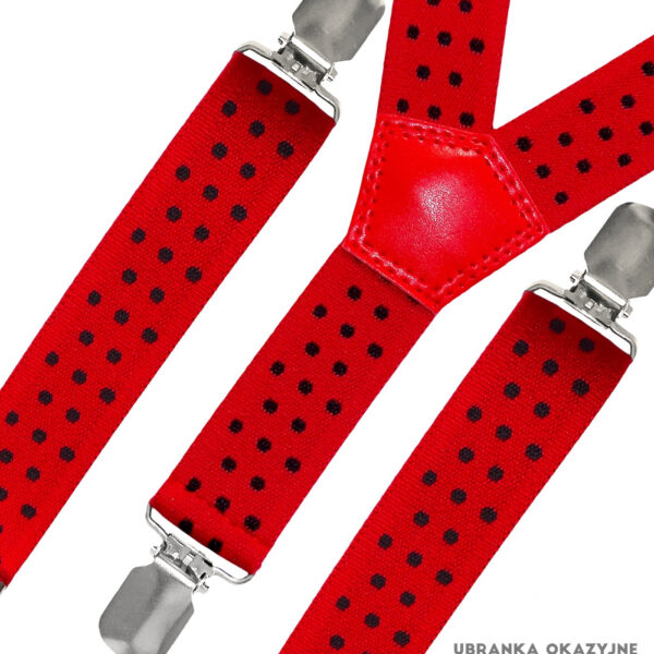 Czerwone szelki w czarne kropki dla dziecka do chrztu lub na roczek.