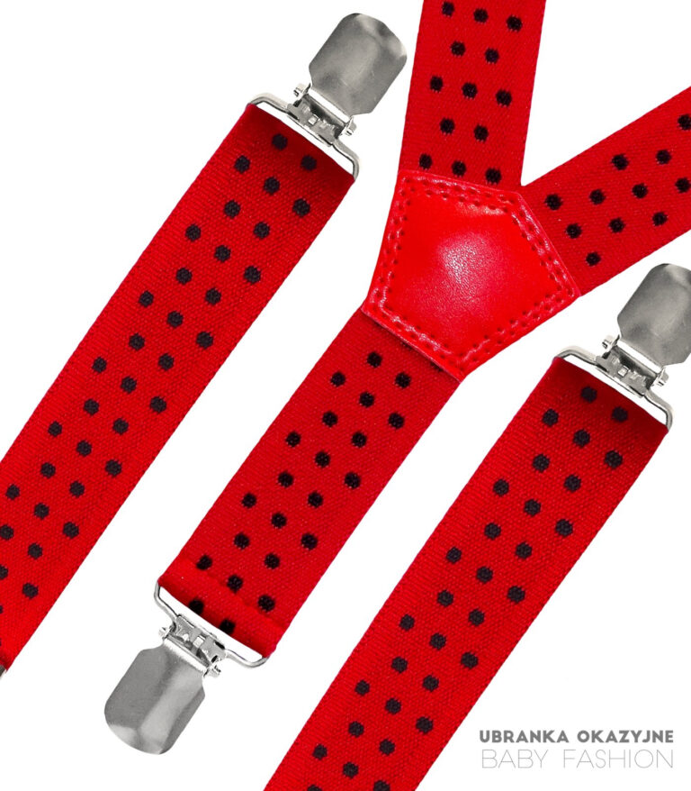 Czerwone szelki w czarne kropki dla dziecka do chrztu lub na roczek.