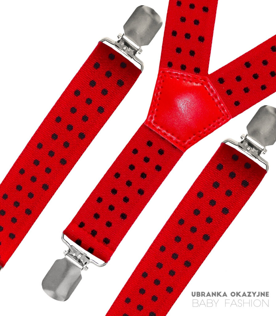 Czerwone szelki w czarne kropki dla dziecka do chrztu lub na roczek.