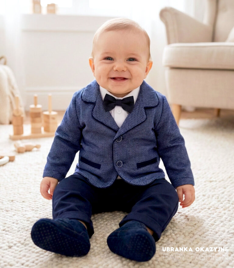 Elegancki garniturek do chrztu dla niemowlaka składa się z marynarki w niebieską pepitkę, spodni granatowych, białego koszulo-body, muszki w kolorze granatowym oraz kaszkietu również w kolorze granatowym.